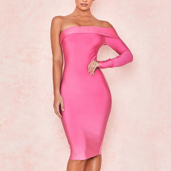 House of CB Nadine PINK BANDAGE ONE SHOULDER DRESS - Picture 1 of 5